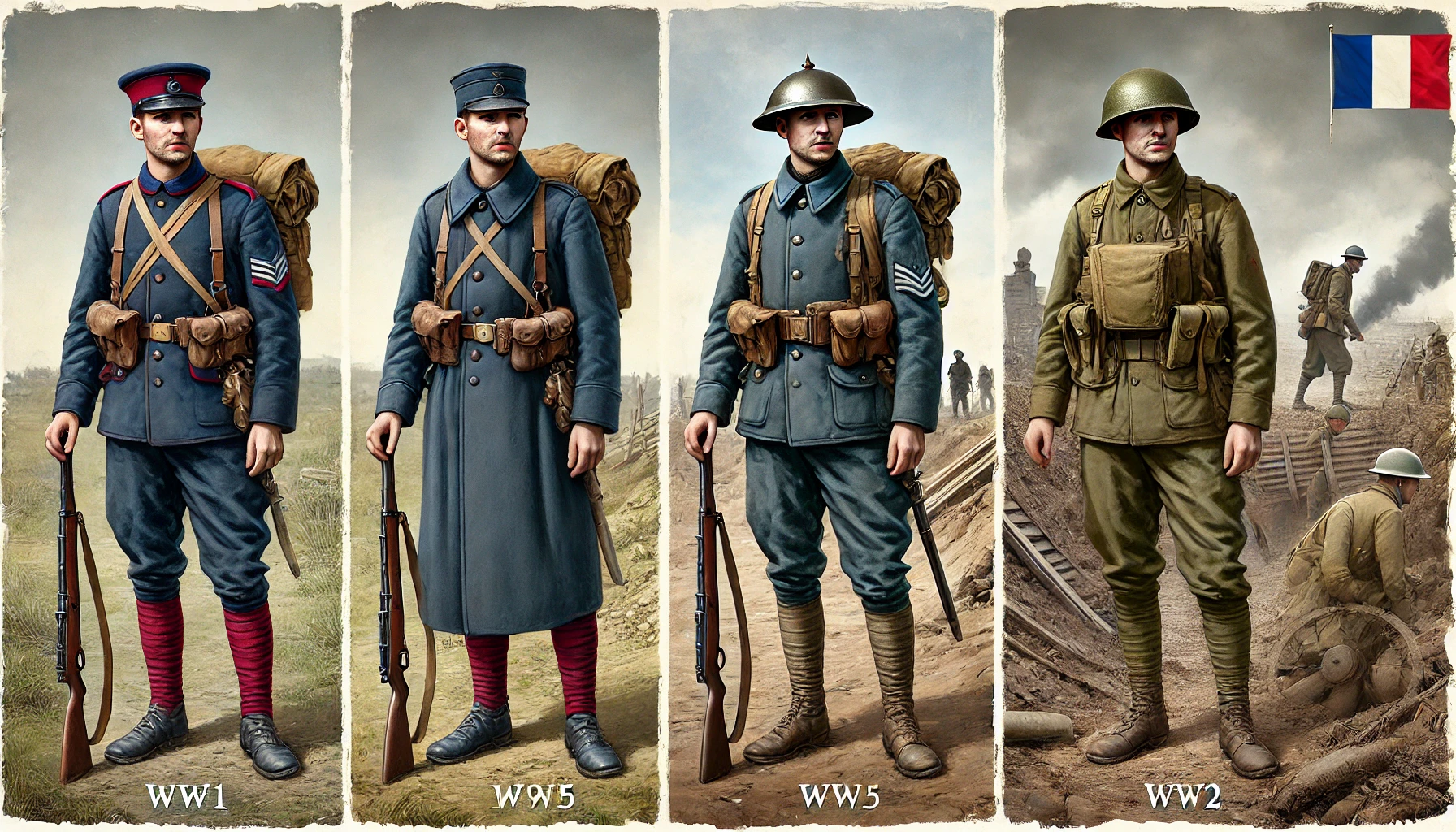 Before World War 1, French soldiers wore uniforms influenced by 19th-century warfare. The βmadder redβ trousers and dark blue tunics were iconic but impractical for the new battlefield conditions