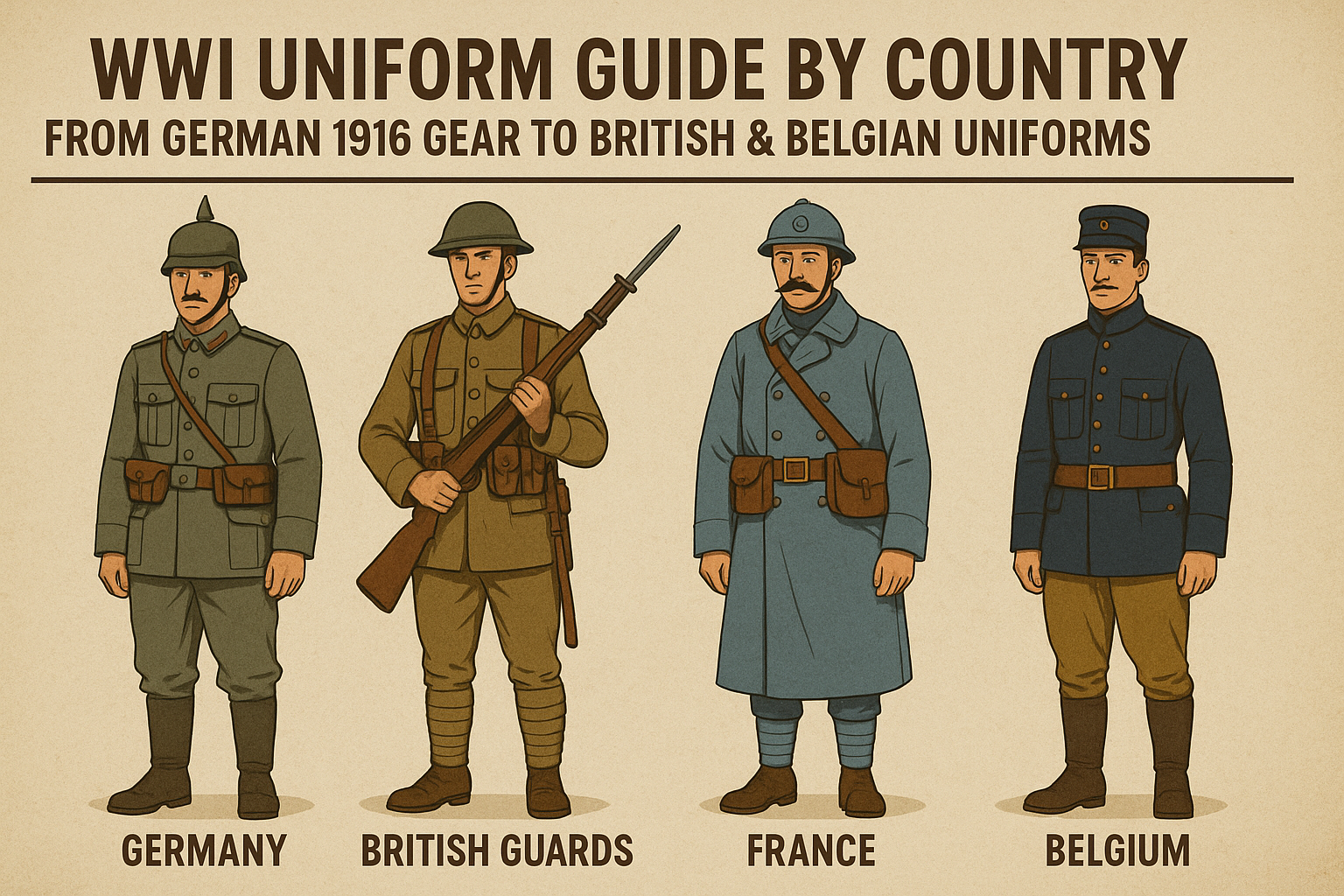 The uniforms worn during WWI tell the story of a world in transition—between old-world traditions and the demands of modern warfare.