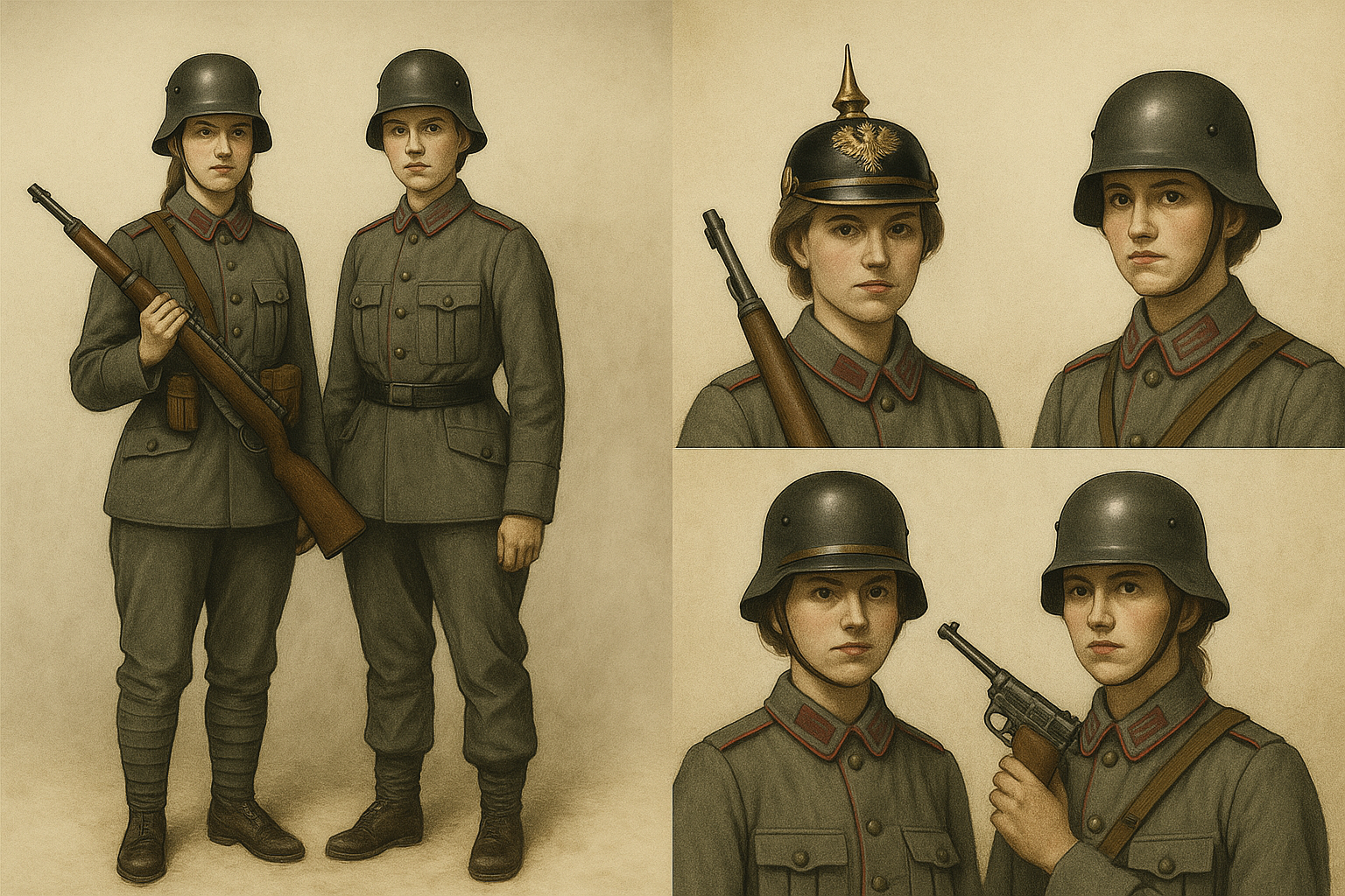 female soldiers in WW1-style German uniforms with weapons